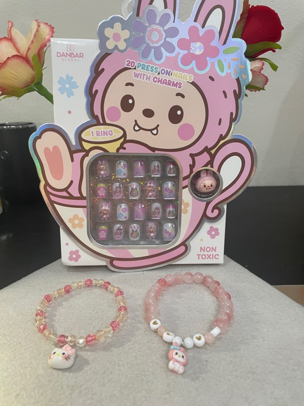 Pink Bunny Press-On Nail Set with Charms + Two Pink Beaded Bracelets